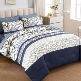 Dintszyayue King Size Comforter Set, 7 Pieces Blue Boho Comforter for King Bed, Leaves Botanical Bed in a Bag, Soft Microfiber Bird Bedding Set with Pillowcases,Flat Sheet,Fitted Sheet,Pillow Shams