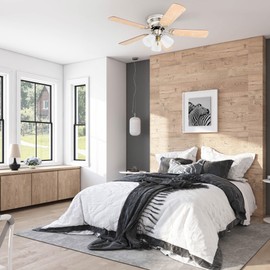 Prominence Home Whitley, 42 Inch Traditional Flush Mount Indoor LED Ceiling Fan with Light, Pull Chain, 5 Dual Finish Blades, Reversible Motor - 50863-01 (Satin Nickel), Bright Brass