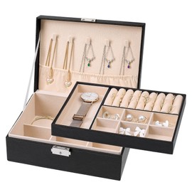 CHARMDI Jewellery Box Organiser, 2-Layer Women Girls Jewellery Boxes Lockable, Travel Jewelry Storage Case Box for Girls, PU Leather, for Necklaces Earrings Rings Watches - Black