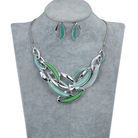 Fenni Vintage Statement Jewelry Set Leaf Floral Bohemian Boho Statement Necklace Earring Set Crystal Fashion Costume Jewelry (Turquoise Thin Leaf), enamel crystal Metal, crystal