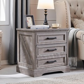 ACCOHOHO Farmhouse Nightstand with Charging Station, 24 Inch Wide End Table with 3 Large Drawers & Bar Handles, Rustic Wood Small Dresser Chest of Drawers for Bedroom, Living Room, Closet, Grey