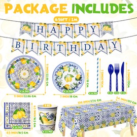 Potchen 194 Pcs Capri Lemon Birthday Party Supplies Disposable Tableware Set Capri Lemon Banner Paper Plates Napkins Cups Cutlery Tablecloth for Bridal Shower Party Decor, Serves 24 Guests