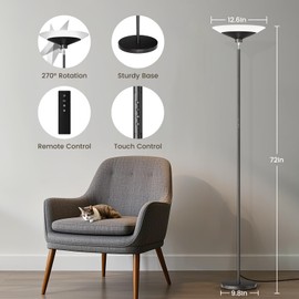 SIBRILLE 30W Torchiere LED Floor Lamp - 72" Rotatable Standing Lamp for Living Room with Remote/Button Control, 1800Lm, 3000-6500K, Dimmable Modern Corner Light for Bedroom Office Apartment, Black