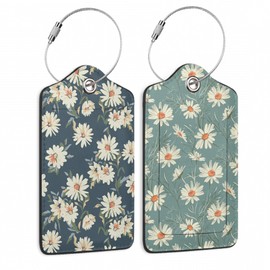 2 Pack Leather Luggage Tag for Suitcase Retro Daisy Flower Unique Travel Tags with Privacy Cover ID Label & Stainless Steel Loop for Men and Women Baggage