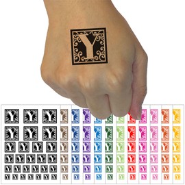 Monogram Swirls Capital Letter Y Temporary Tattoo Water Resistant Fake Body Art Set Collection - Purple (One Sheet)