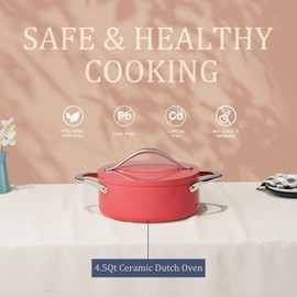 CookinCraze Ceramic Stock Pot with Lid - 4.5qt Nonstick Dutch Oven for Induction Cooktops, Aluminum Soup Pasta Pot, Dishwasher & Oven Safe Up to 500°F, PFAS-Free (Fusion Red)