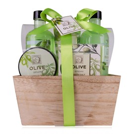 Accentra Olive Shower Set Women Gift Set in Beautiful Wooden Box - 5-Piece Care Set with Shower Gel, Bubble Bath, Body Lotion, Body Scrub and Bath Salt - Wellness Gift Set for Birthday