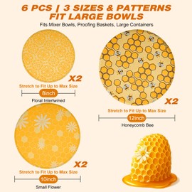 Swiscena 6 Pcs Beeswax Bowl Covers Reusable, Large Reusable Bowl Covers for Bread Proofing,Stretchable to Fit 8/10/12 Inch Bowls (2 Each),3 Patterns, Beeswax Wraps for Bread,Leftovers,Fruits,Salad