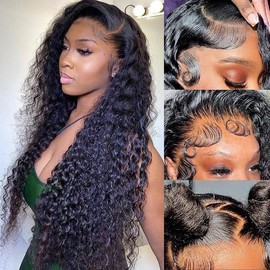 Deep Wave Lace Front Wigs Human Hair 13x4 HD Lace Front Wigs Human Hair Pre Plucked Brazilian Curly HumanHair Wig 200 Density Glueless Frontal Wigs For Women(22inch)