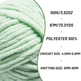 Chunky Chenille Yarn for Crocheting，Baby Yarn for Crocheting Soft Blankets，Bulky Yarns for Crochet Amigurumi, 100g (74.3yds) Fluffy Velvet Yarns for Hand Knitting (Light Green)