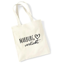 Huuraa Jute Bag Marburg in Love Bag Cotton 10 Litres Size with Name of Your Favourite City in Hesse Gift Idea for Friends and Family, natural