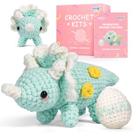 Mewaii Crochet Kit for Beginners Level 3 with 40% Extra Eco-Friendly Pre-Started Easy Yarn, Step-by-Step Video Tutorials for Adults and Kids (Triceratops)