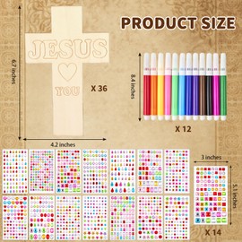 36 Pieces Wood Cross Crafts for Kids DIY Wooden Cross for Christian Jesus Sunday School Vacation Bible School Crafts Supplies with 14 Pieces Stickers and 12 Pieces Watercolor Pens (Classic Style)