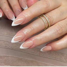 30Pcs White French Tip Press on Nails Short Almond Nails Press ons, Short Fake Nails Almond Shaped Acrylic French Glue on Nails False Nail for Women, Natural Stiletto Nail 15 Sizes