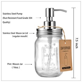 Mason Jar Soap Dispensers -Rustproof Stainless Steel Lid &Pump, Refillable Wash Hand Soap for Bathroom,Kitchen-Ideal for Dish Soap,Liquid Soap, Lotions,Waterproof Stickers,16Oz/ Brushed nickel(2 Pack)