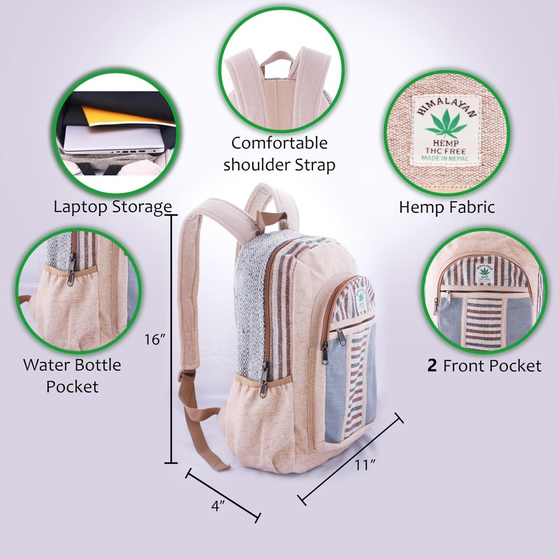 Anitya Hemp Backpack, Multi-Functional Pockets, Eco-Friendly, Unisex, Hiking Daypack, Durable