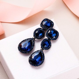 EVER FAITH Women's Bridal Jewelry Square Oval Shape Crystal Teardrop Dangle Earrings Navy Blue Black-Tone