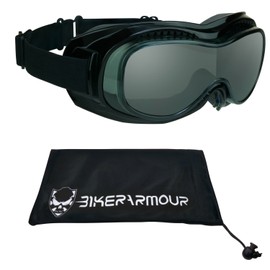 Motorcycle Fit Over Goggles with Safety Polycarbonate Smoke Lenses. Extra Large Microfiber Cleaning Case Included