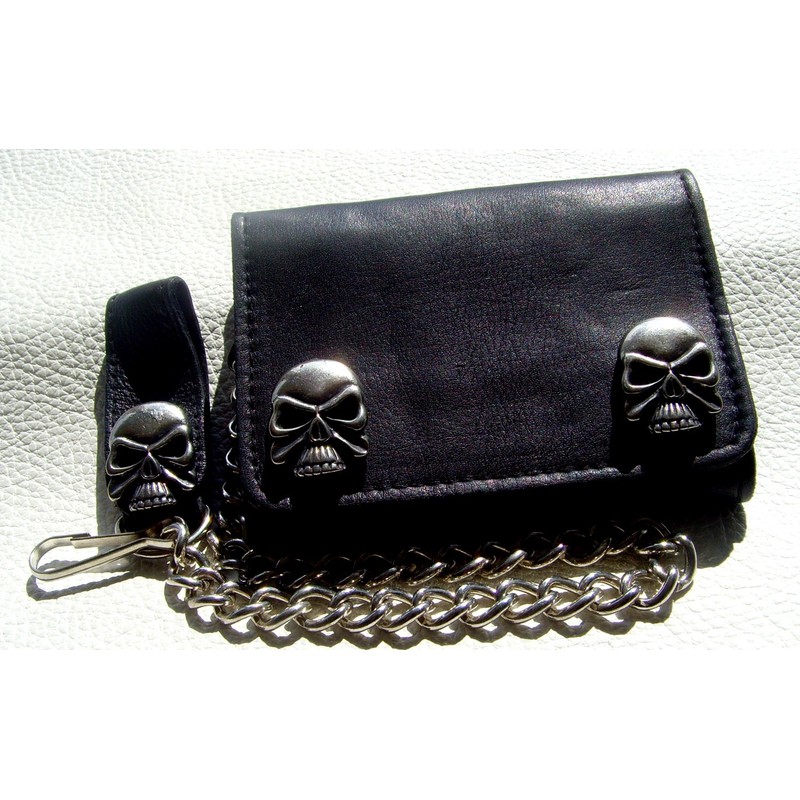 Biker Leather Wallet H.D. Skull Silver Leather Colour Black with