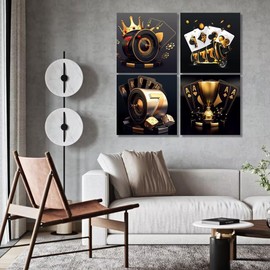 Wall HDQ Casino Wall Art Black and Gold Wall Decor Poker Dice Chips Canvas Painting for Bar Hotel Play Room Gaming Room Party Home Decor Ready to Hang - 24''x24'' x 4Pcs