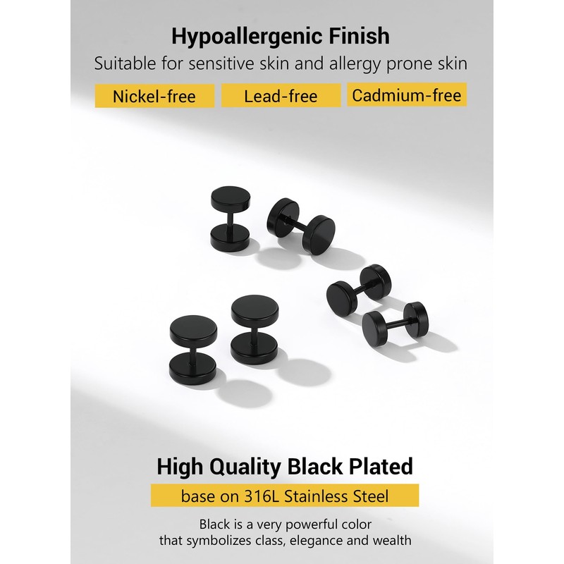 Black Stainless Steel Round Stud Earrings Flat Disk Studs Gothic