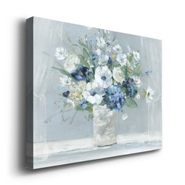 Renditions Gallery White and Blue Flowers in Vase Wall Art, Vibrant Floral Artwork, Modern Decorations, Premium Gallery Wrapped Canvas Décor, Ready to Hang, 18 in H x 27 in W, Made in America Print