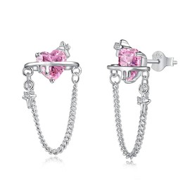 Fibonacci's 925 Sterling Silver & Pink Cubic Zirconia Heart Dangle Earrings - Chain Tassel with Luxury Gift Box