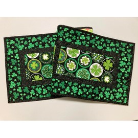 St Patrick's Day Shamrock Quilted Dining or Coffee Table Runner, 13x42" Reversible Spring Summer, St. Paddy's Green Black Mat TahoeQuilts Handmade