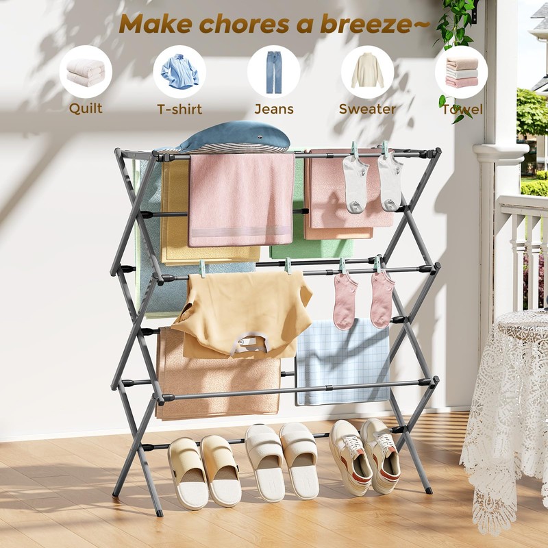 3-Tier Extendable Clothes Drying Rack, Small & Foldable, Grey