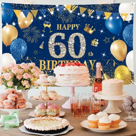60th Birthday Backdrop Banner Blue Gold Birthday Photo Background, Happy 60th Blue Birthday Sign Poster Birthday Fabric Backdrop 70.8 X 43.3Inch For 60th Birthday Anniversary Wedding Party Decor