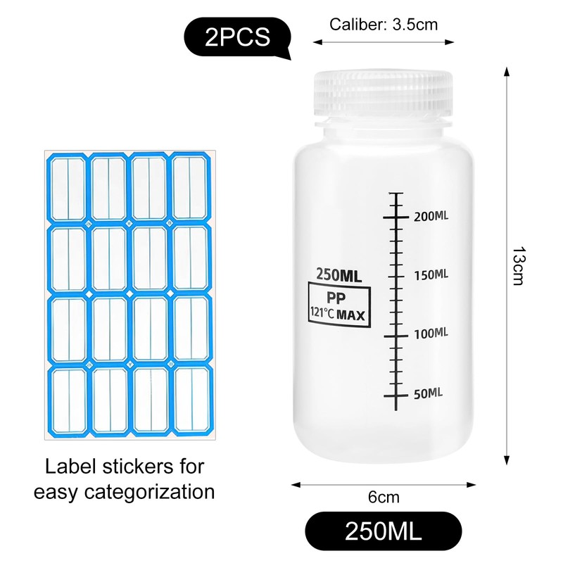 Pack of 2 Wide Mouth Plastic Bottles, 250 ml, Laboratory