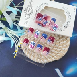 Independence Day Press on Nails Short Square Fake Nails with Stars Glitter Designs Red Blue French Tip Nails Press ons Cute Glue on Nails Nude Acrylic Nails 4th of July Stick on Nails for Women 24Pcs