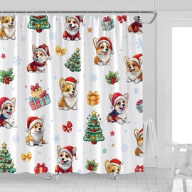 UOZXOML Christmas Dog Shower Curtain Cute Cartoon Corgi with Xmas Hat Pine Tree Snowflake Red Berry Leaves Lovely Animal Pets Lover Happy New Year Fabric Bathroom Decor Curtains with Hooks,70 x 70