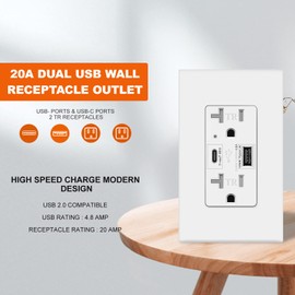 Micmi USB Outlet with C + A Wall Dual High Speed Receptacle Smart 4.8A Fast Charging Capability, 20Amp 125Volt, Tamper Resistant Wall Plate Included UL Listed (2Pack, White, 20 Amp Outlet)