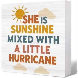 "She is Sunshine Mixed with a Little Hurricane" Boho Wood Sign - Inspirational Nursery and Kids Room Decor - Wood Block Quote for Girls Shelf, Wall - Unique Girl Gift (5x5 Inch)