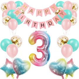 3rd Birthday Decorations for Girls Gradient color Age 3 Birthday Balloons with Happy Birthday Banner for Baby showers Third Birthday Party Supplies for Girls Boys (3rd-Birthday)