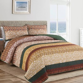 DJY Boho Quilt Set King Size Brown Green Bohemian Striped Bedspread Coverlet Set, Boho Floral Pattern Soft Microfiber Quilted Bedding Set for All Season, 104''x90''