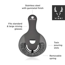 Viski Hawthorne and Bartending Strainer - Stainless Steel Bar Cocktail Strainer for Drinks with Handles, Gunmetal Black