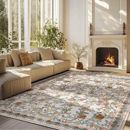 jinchan 8x10 Floral Area Rug Vintage Washable Spring Throw Rug Soft Non-Slip Low Pile Distressed Large Orange Blue Carpet for Living Room Bedroom Dining Room Office