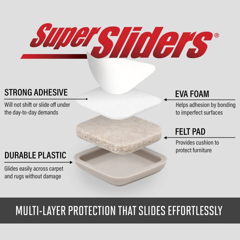 Super Sliders 1" Square Self-Stick Furniture Sliders or Movers for