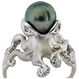 KOICCVQQ Women Retro 925 Silver Green Pearl Octopus Rings Anniversary Size 6-10