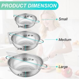 3-Piece Stainless Steel Colander Set with Handles - 5Qt/3Qt/1Qt Nesting Strainers for Pasta, Veggies, Fruit Drainage, Durable Micro-Hole Mesh for Fast Water Flow