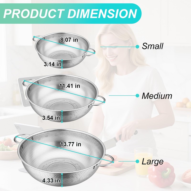 3-Piece Stainless Steel Colander Set with Handles - 5Qt/3Qt/1Qt Nesting