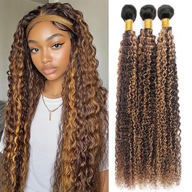 BilltiiWW P427 Curly Bundles Highlight Ombre Dark Brown and Honey Blonde Bundles Two Tone Brazilian Human Hair Extensions Soft and Silky for Black Women 8 10 12 Inch