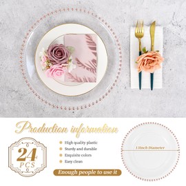FXKS 24 PCS Clear Round Charger Plates with Beaded Rim, 13 Inch Plastic Acrylic Plate, Plastic Round Beaded Dinner Decorative Service Plates for Wedding Party Event, Home Kitchen Tabletop(Pink)