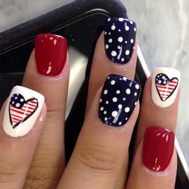BFY 4th of July Press on Nails Short Square Fake Nails, USA Flag Heart White Point Acrylic Nails, Glossy Gel False Nails Kit Stick Glue on Nails Tip, Independence Day Patriotic Decoration 24 Pcs