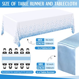 8 Pack Disposable Plastic Tablecloths and Satin Table Runner, 54 x 108 Inch Tablecloth, 12 x 108 Inch Table Runners for Wedding Graduation Birthday Baby Shower New Year Party (Blue)