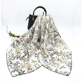 ANDANTINO 100% Silk Scarf 43" Large Square Lightweight Headscarf& Shawl–Women Hair Wraps-With Gift Packed (White-Branches&Birds)