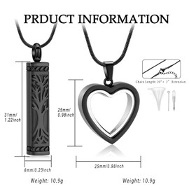 VCCWYQK Cremation Jewelry Glass Heart Urn Necklace for Ashes Stainless Steel Memorial for Ashes Keepsake Pendants for Women (B-2PC-Black)