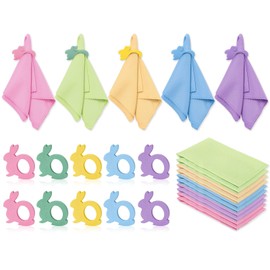 Whaline 10 Sets Easter Pastel Napkins Cloth with Wooden Bunny Napkin Rings 5 Colors Rabbit Napkins Ring Holders with Napkins for Spring Holiday Party Table Setting Decor Supplies